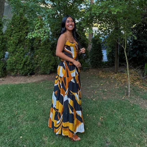 NWT Anthropologie Josephine Smocked Drop Waist Black Orange Maxi Dress Medium - Picture 6 of 10